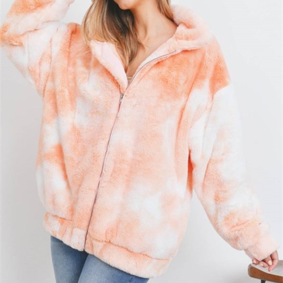 PEACH Tie Dye Zip Down Teddy Coat - Picture 4 of 7